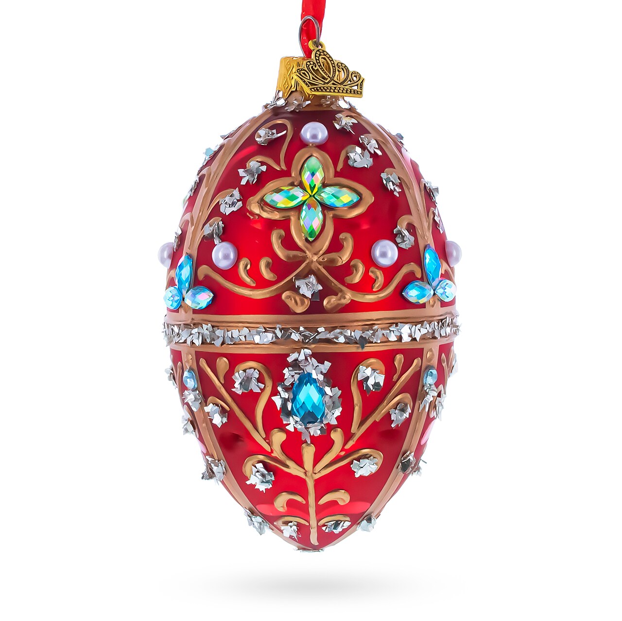 Red Jewel-Encrusted Egg with Gold Filigree and Crystal Floral Accents Glass Egg Ornament 4 Inches
